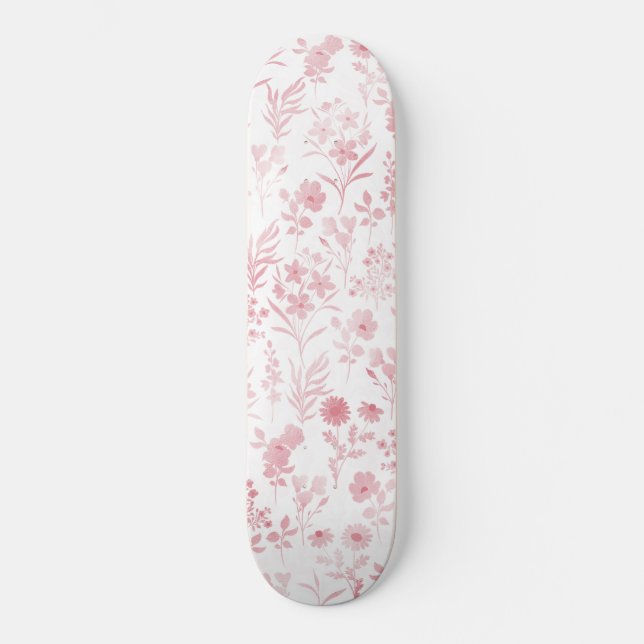 Botanical Rose Gold Flowers White Pattern Skateboard (Front)