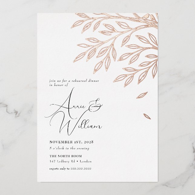 Botanical Rose Gold Leaf Rehearsal Dinner  (Front)