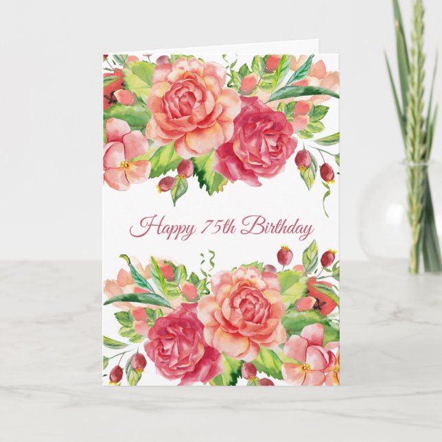 Botanical Roses and Berries Watercolor Birthday Card (Front)