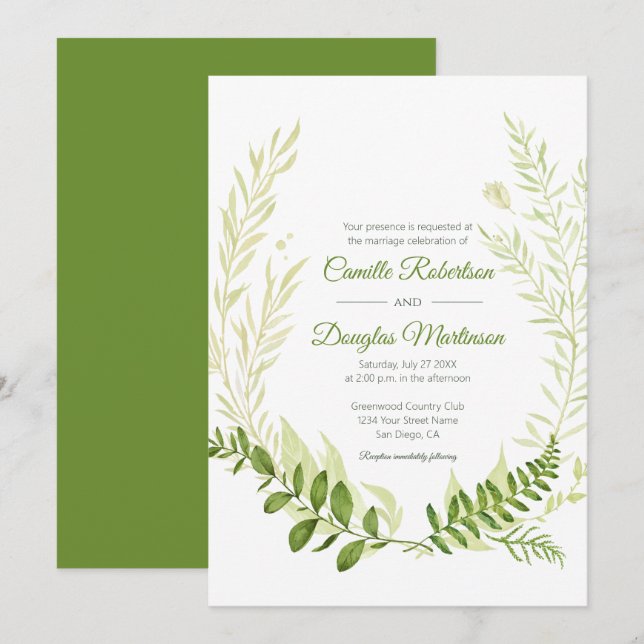 Botanical Rustic Greenery Laurel Wreath Wedding |  Invitation (Front/Back)