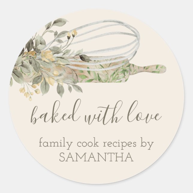 Botanical Rustic Rolling pin whisk Chef Bakery Classic Round Sticker (Front)