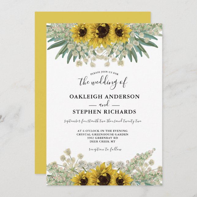 Botanical Rustic Sunflower Watercolor Wedding Invitation (Front/Back)