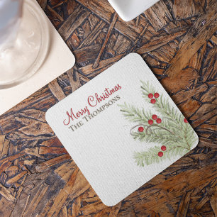 Botanical Rustic Watercolor Holiday Custom Name Coaster