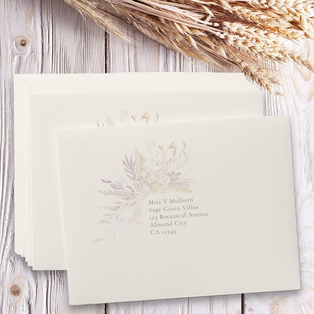 Botanical Sage Green Almond Pre-Addressed RSVP Envelope (Ivory Sage Green Elegant Wedding RSVP Envelopes - Foliage Duet wedding collection)