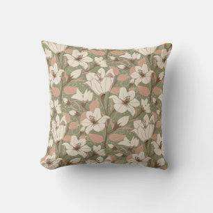 Botanical Sage Green Beige Lily Floral Pattern Throw Pillow