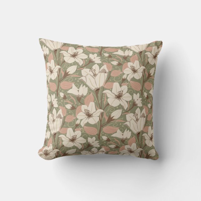 Botanical Sage Green Beige Lily Floral Pattern   Throw Pillow (Front)