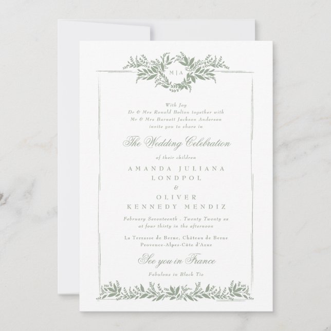 botanical sage green classic leafy frame wedding i invitation (Front)