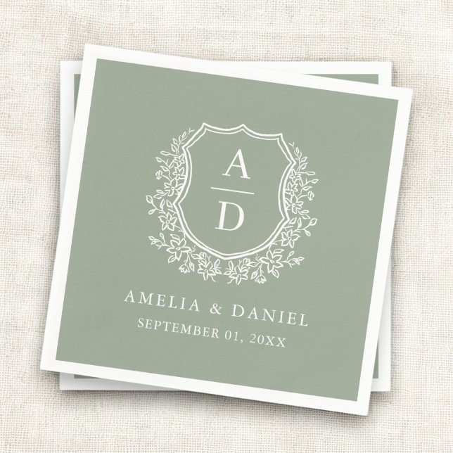 Botanical Sage Green Crest Wedding Monogram Napkin (Creator Uploaded)