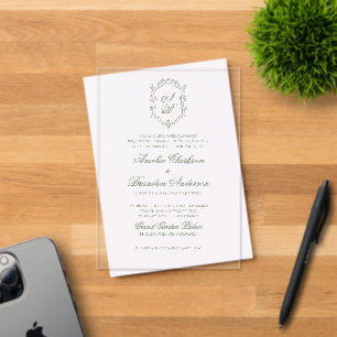 Botanical Sage Green Monogram Crest Wedding Acrylic Invitations