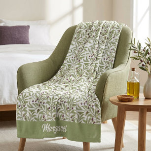 Botanical Sage Green Olive Leaf Pattern Fleece Blanket