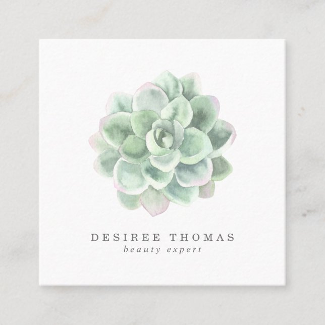Botanical Sage Green Watercolor Succulent Square Business Card (Front)