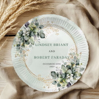 Botanical Sage Green Watercolor Wedding Paper Plat
