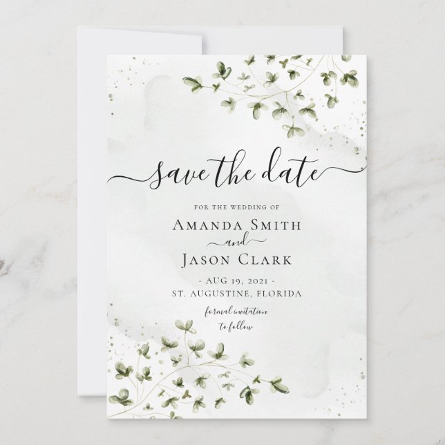 Botanical Sage Greenery Foliage Rustic With Photo  Save The Date (Front)