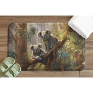 Botanical scene curious koalas in eucalyptus tree bath mat