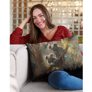 Botanical scene curious koalas in eucalyptus tree lumbar pillow