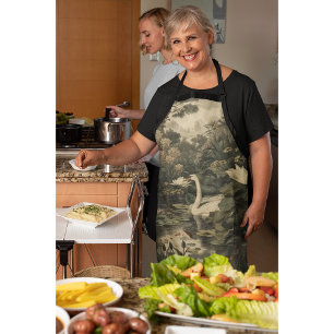 Botanical scene of a white swan in a forest river apron
