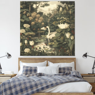 Botanical scene of a white swan in a forest river canvas print