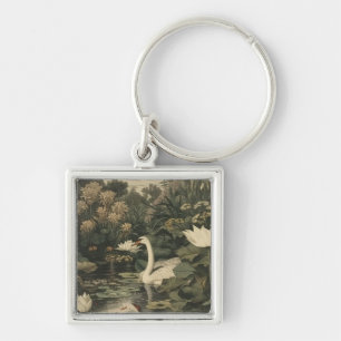 Botanical scene of a white swan in a forest river keychain