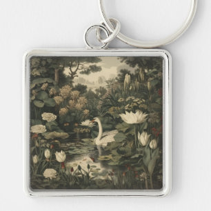 Botanical scene of a white swan in a forest river keychain