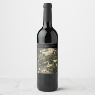 Botanical scene of a white swan in a forest river wine label