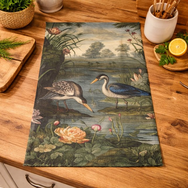 Botanical scene of blue crane by a river kitchen towel (Creator Uploaded)