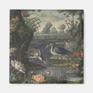 Botanical scene of blue crane by a river magnet