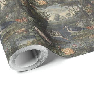 Botanical scene of blue crane by a river wrapping paper