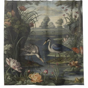 Botanical scene of blue cranes by  a river