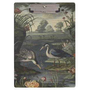 Botanical scene of blue cranes by  a river clipboard