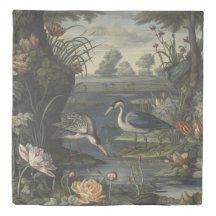 Botanical scene of blue cranes by  a river