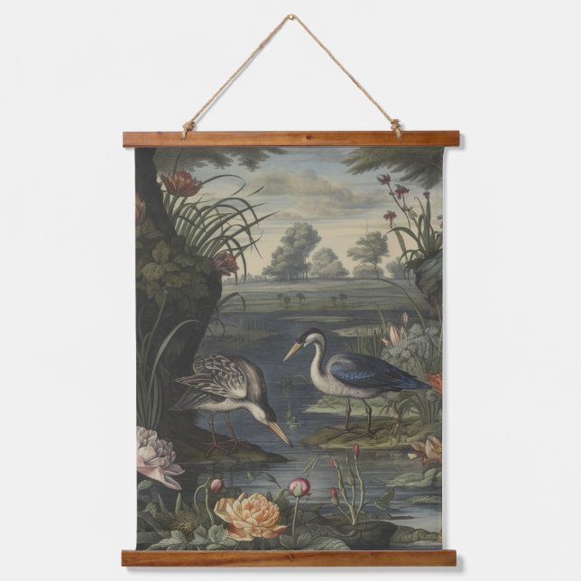 Botanical scene of blue cranes by  a river hanging tapestry (Front)