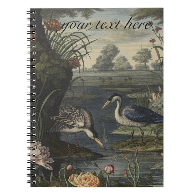 Botanical scene of blue cranes by  a river notebook (Front)