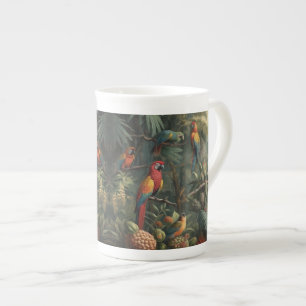 Botanical scene of parrots and pineapples  bone china mug