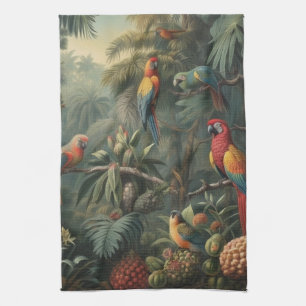 Botanical scene of parrots and pineapples  kitchen towel