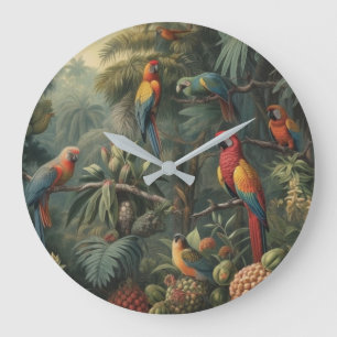 Botanical scene of parrots and pineapples  large clock