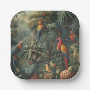 Botanical scene of parrots and pineapples  paper plate