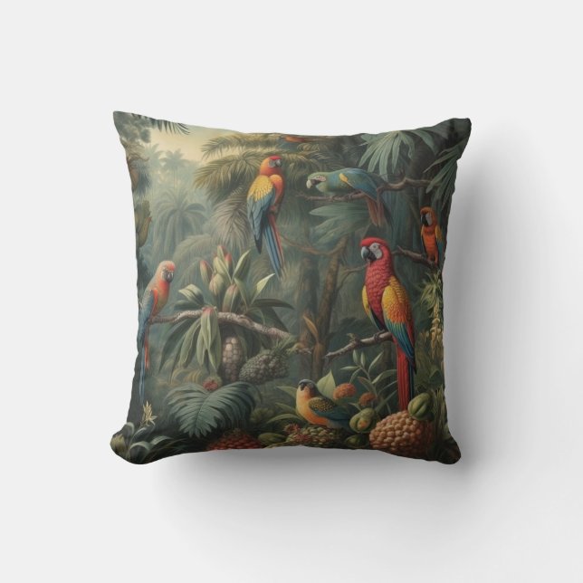 Botanical scene of parrots and pineapples  throw pillow (Front)