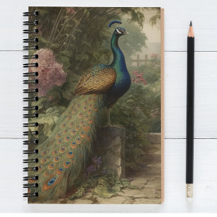 Botanical scene of peacock in an english garden notebook