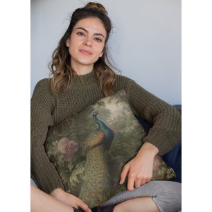Botanical scene of peacock in an english garden throw pillow