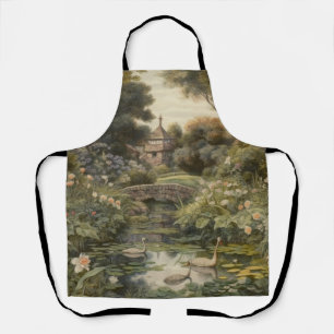 Botanical scene of swans in an English garden Apron