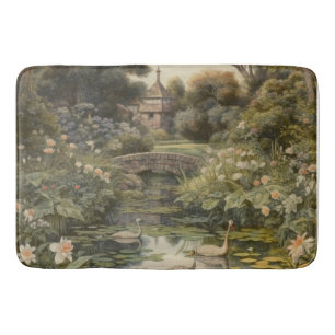 Botanical scene of swans in an English garden Bath Mat