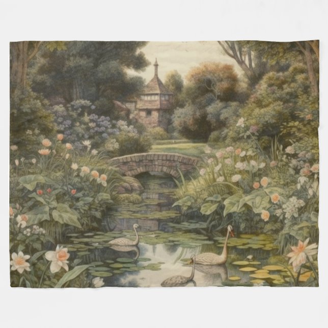 Botanical scene of swans in an English garden Fleece Blanket (Front (Horizontal))