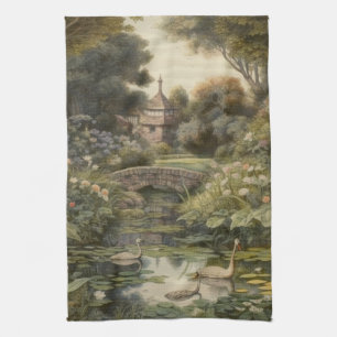 Botanical scene of swans in an English garden Kitchen Towel