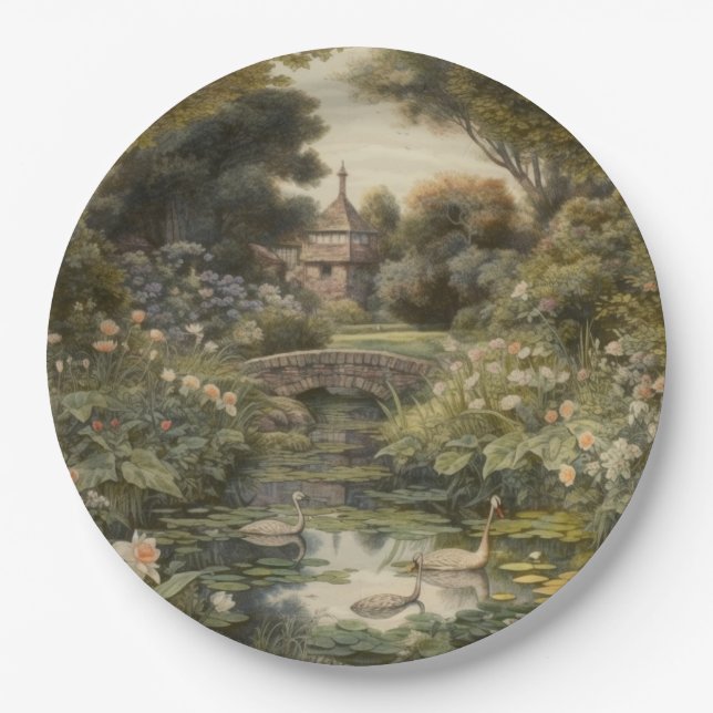 Botanical scene of swans in an English garden Paper Plate (Front)