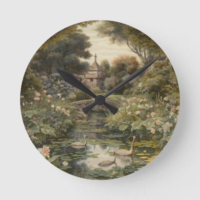Botanical scene of swans in an English garden Round Clock (Front)
