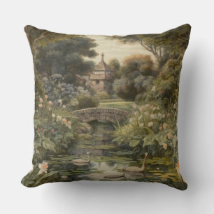 Botanical scene of swans in an English garden Throw Pillow