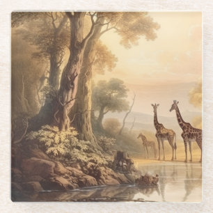 Botanical scene of three giraffes near a river glass coaster