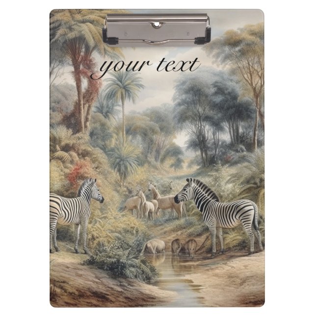 Botanical scene of zebras and lions customizable clipboard (Front)