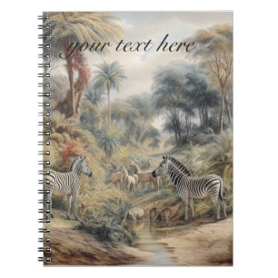 Botanical scene of zebras and lions customizable notebook