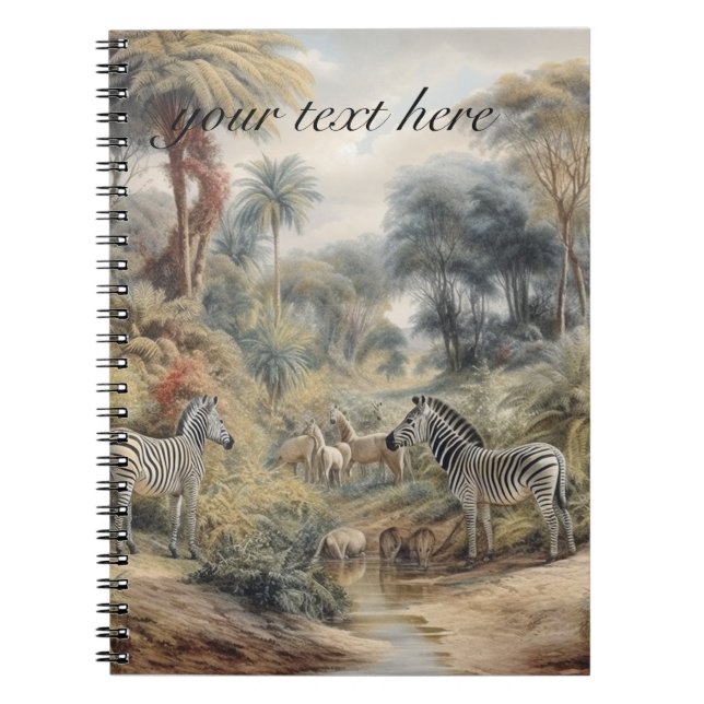 Botanical scene of zebras and lions customizable notebook (Front)